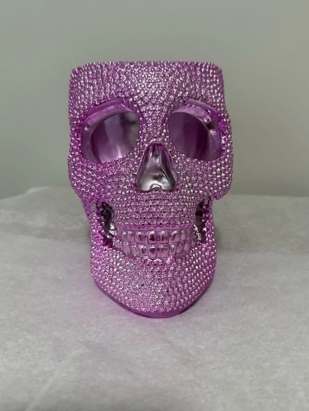 Pink Skull Makeup Brush Holder Raised Metallic Vanity Decor